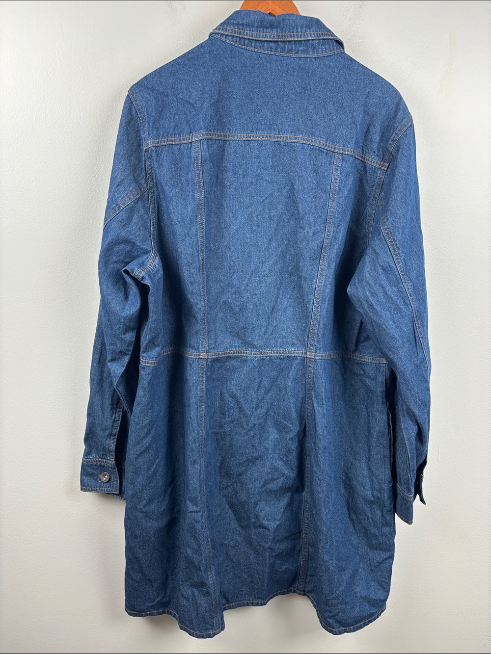 Frye Indigo Denim Shirt Dress 2X Duster Jacket pockets long sleeve blue plus - Picture 8 of 9